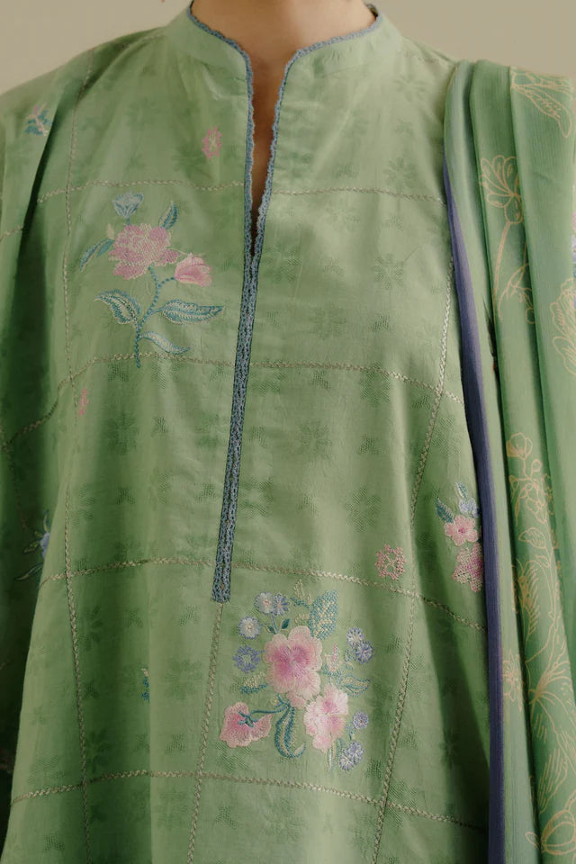 Sufa-5A- Pastel green delicate hand-embroidered jacquard suit By- Zara Shahjahan