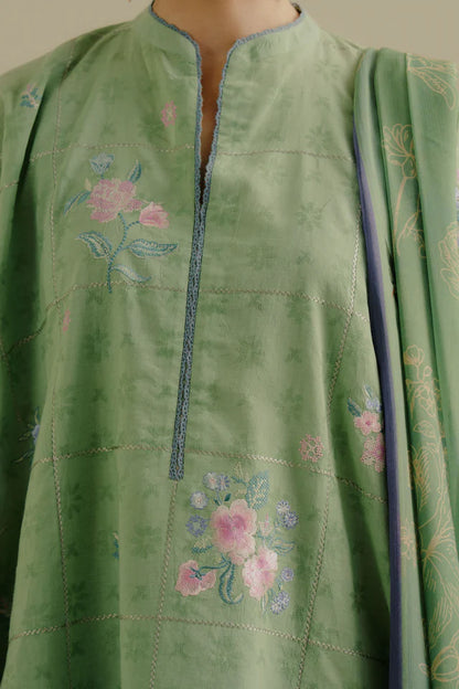 Sufa-5A- Pastel green delicate hand-embroidered jacquard suit By- Zara Shahjahan