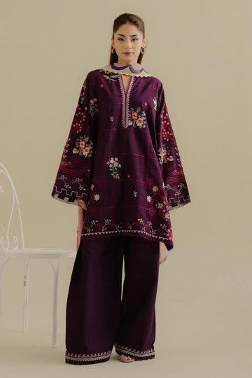 Sufa-5B- Rich plum embroidered jacquard suit By- Zara Shahjahan