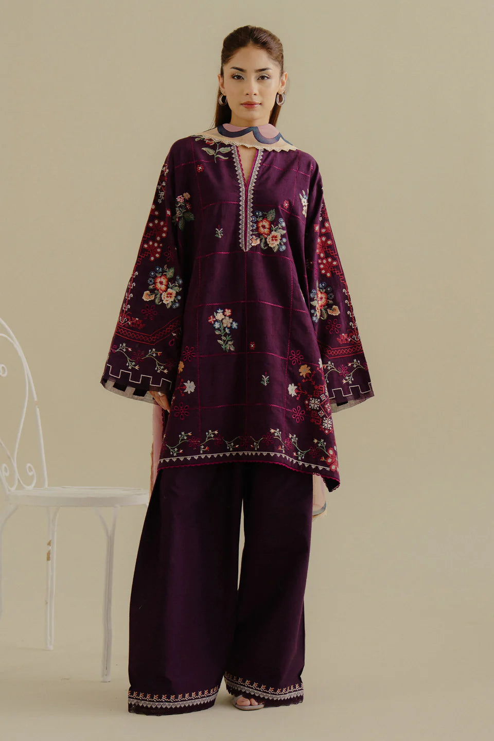 Sufa-5B- Rich plum embroidered jacquard suit By- Zara Shahjahan