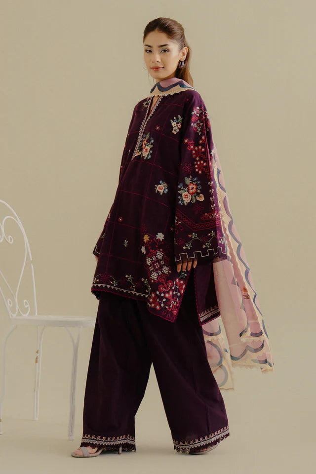 Sufa-5B- Rich plum embroidered jacquard suit By- Zara Shahjahan