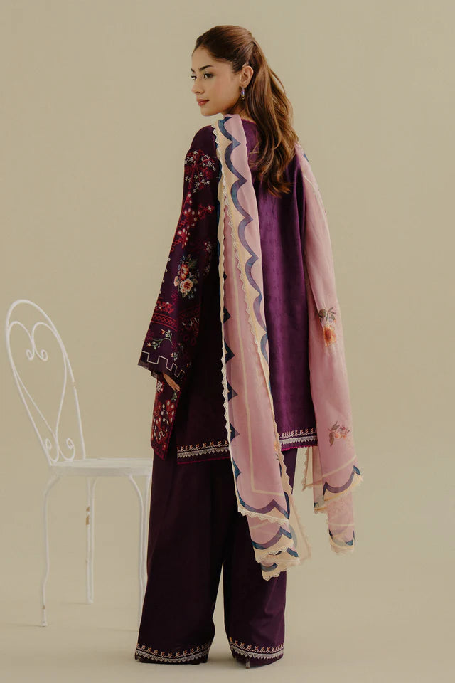 Sufa-5B- Rich plum embroidered jacquard suit By- Zara Shahjahan