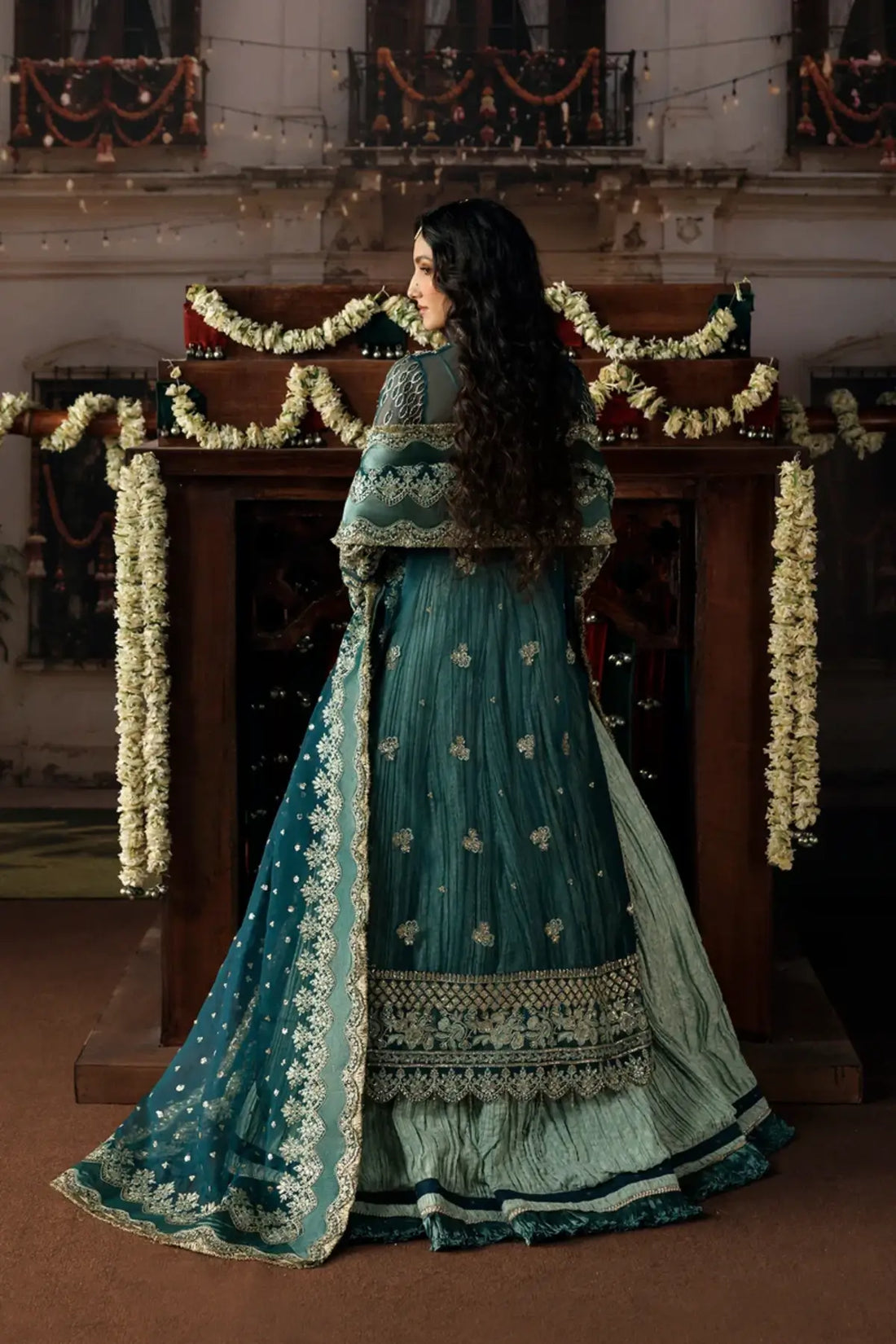 Suhan teal green embroidered organza stitched formal suit with intricate silver detailing, jamawar sharara and organza dupatta