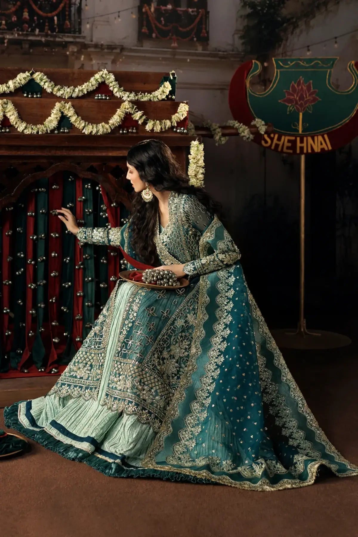 Suhan teal green embroidered organza stitched formal suit with intricate silver detailing, jamawar sharara and organza dupatta