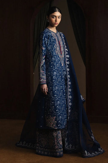 Zara Shahjahan Suiyo-D9 navy blue chikankari embroidered lawn suit with organza dupatta and cambric trouser