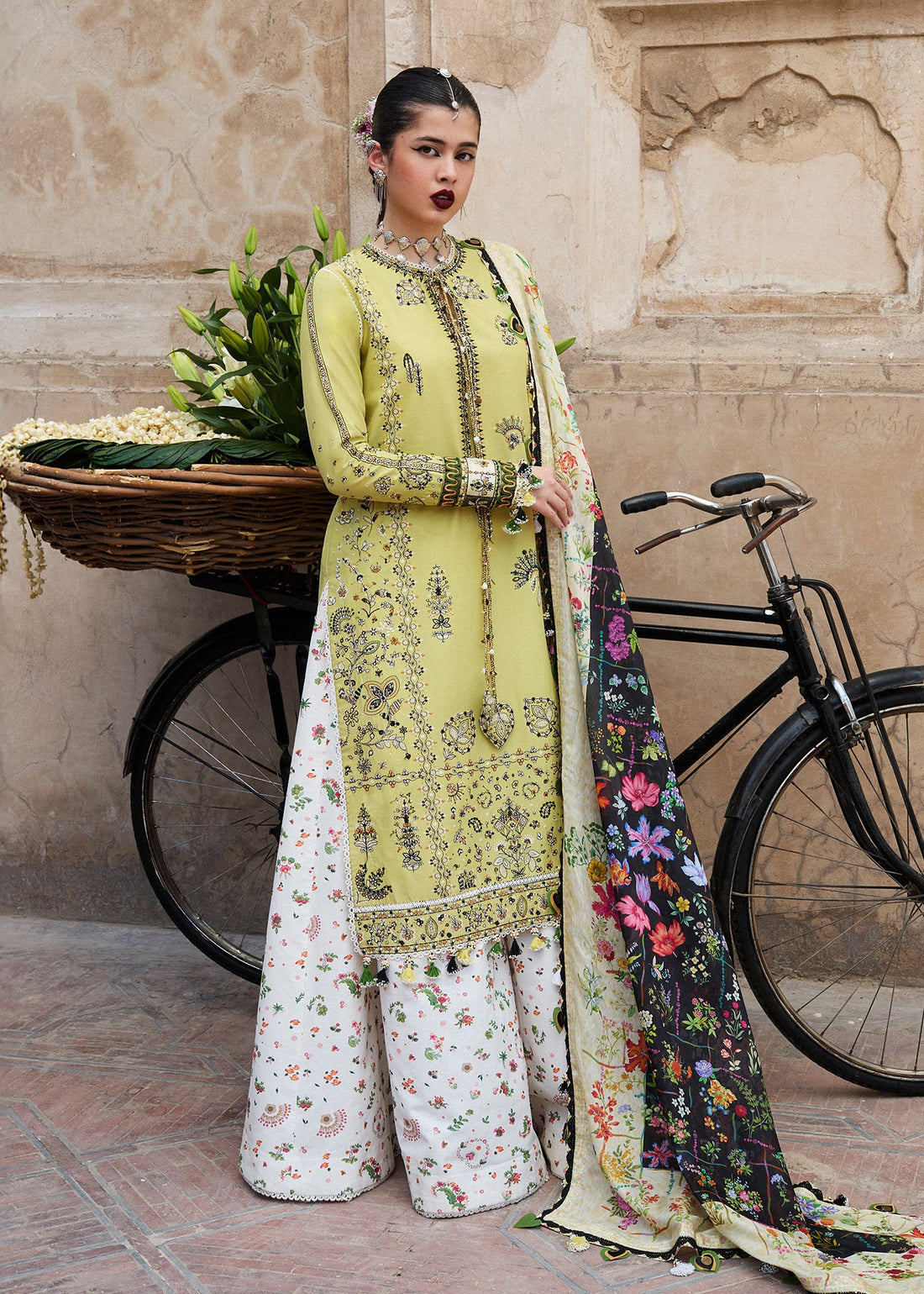 Suk-Apple green embroidered lawn suit with digital silk dupatta by-Hussain rehar