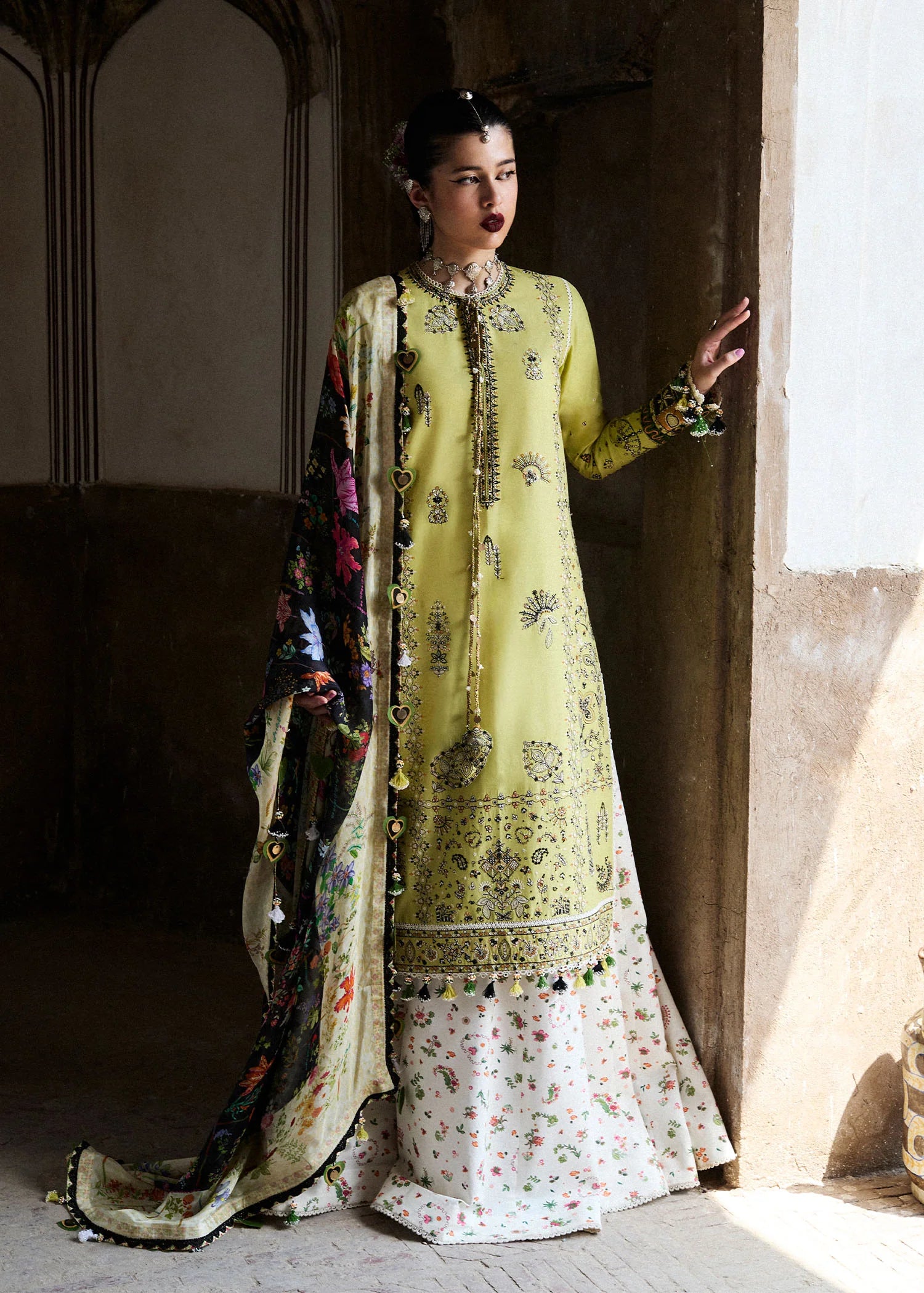 Suk-Apple green embroidered lawn suit with digital silk dupatta by-Hussain rehar