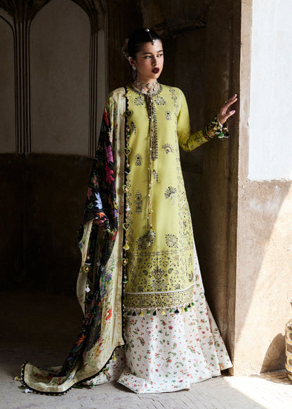 Suk-Apple green embroidered lawn suit with digital silk dupatta by-Hussain rehar