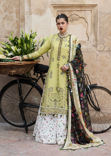 Suk-Apple green embroidered lawn suit with digital silk dupatta by-Hussain rehar