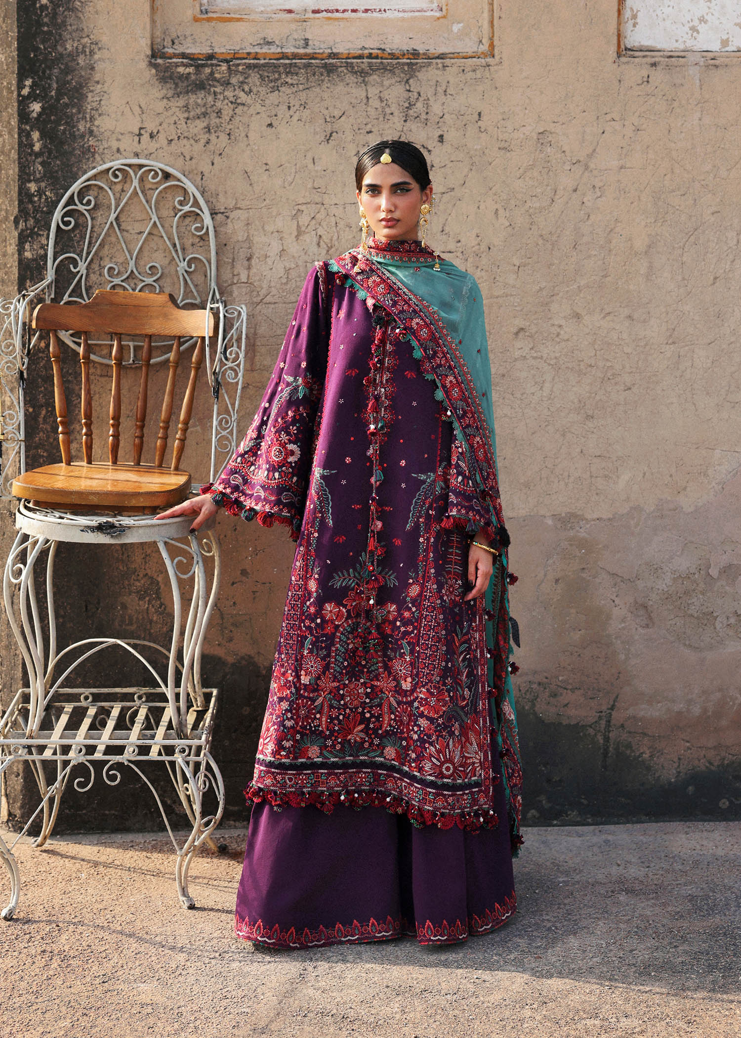 Hussain Rehar Sultana Purple Karandi Palazzo Suit with Mint Dupatta | pakistanimoda.com