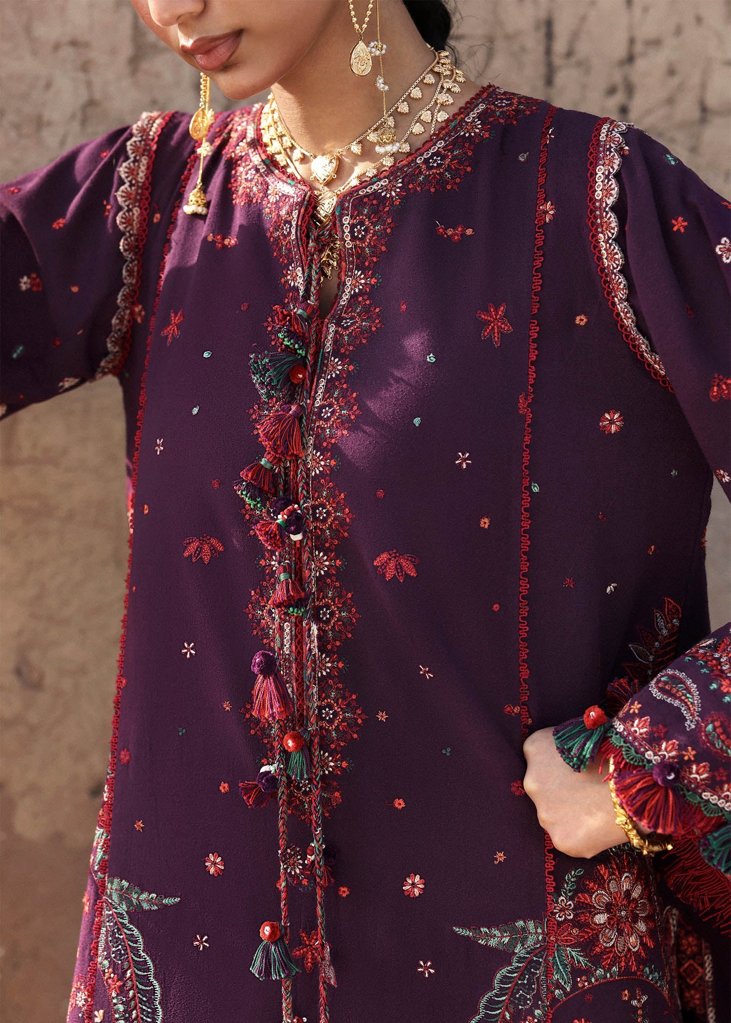 Hussain Rehar Sultana Purple Karandi Palazzo Suit with Mint Dupatta | pakistanimoda.com