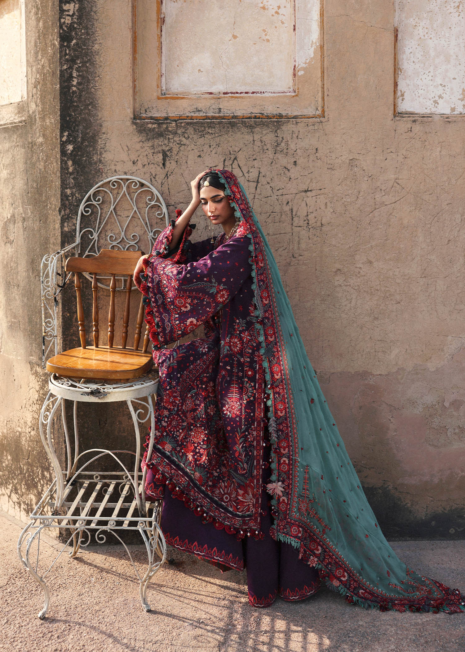 Hussain Rehar Sultana Purple Karandi Palazzo Suit with Mint Dupatta | pakistanimoda.com