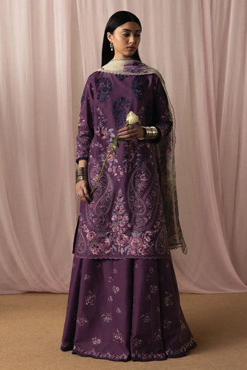 Zara Shahjahan Sumire-D2 plum floral embroidered lawn 3PC suit with chiffon dupatta and cambric trouser