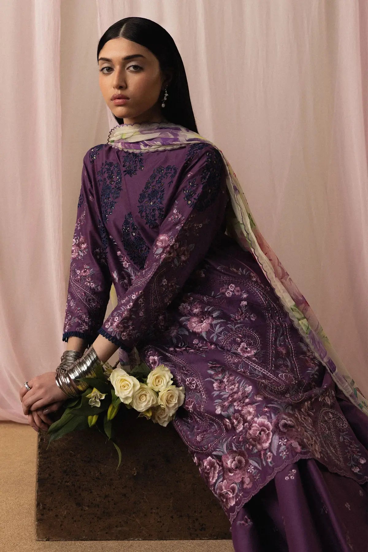 Zara Shahjahan Sumire-D2 plum floral embroidered lawn 3PC suit with chiffon dupatta and cambric trouser