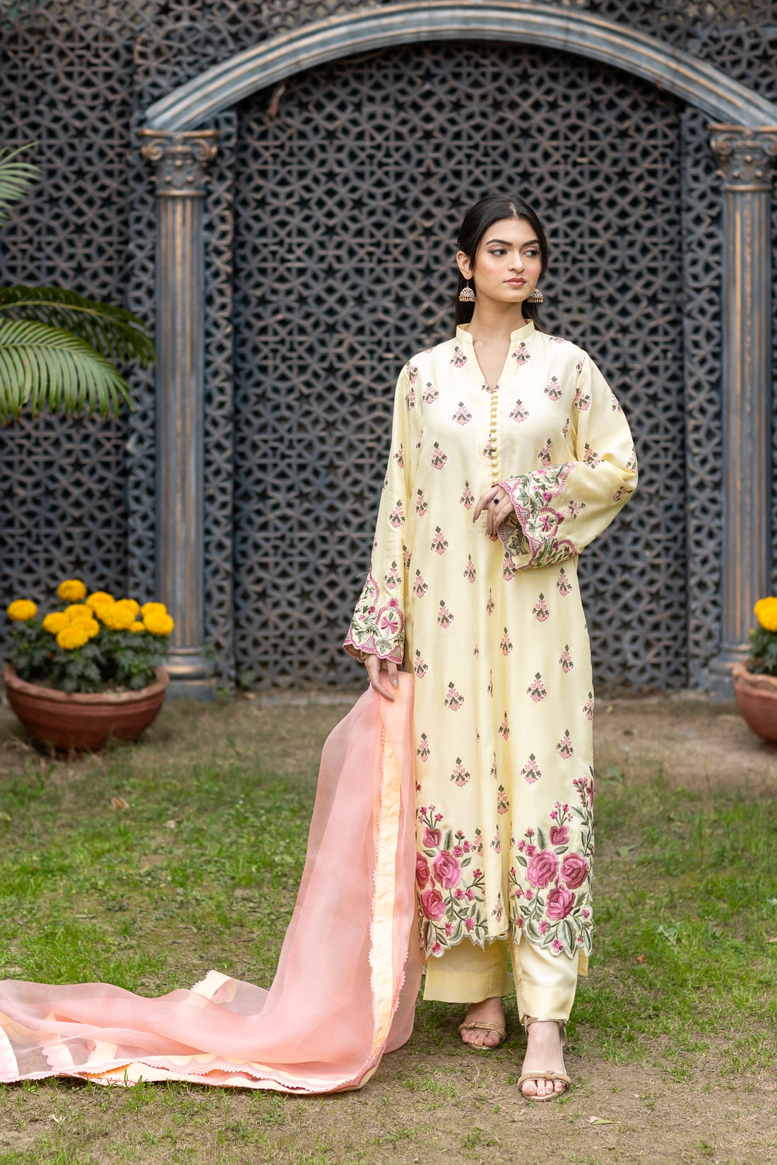 Sunehri lemon yellow raw silk 3PC Eid wear with block print by MariamRaj