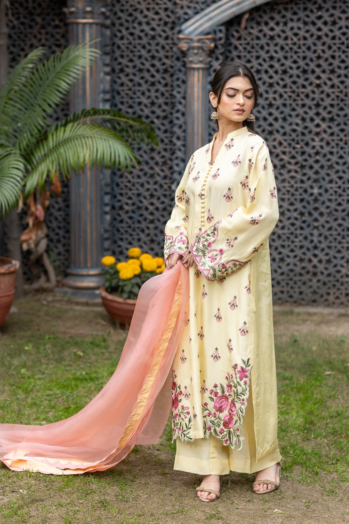 Sunehri lemon yellow raw silk 3PC Eid wear with block print by MariamRaj