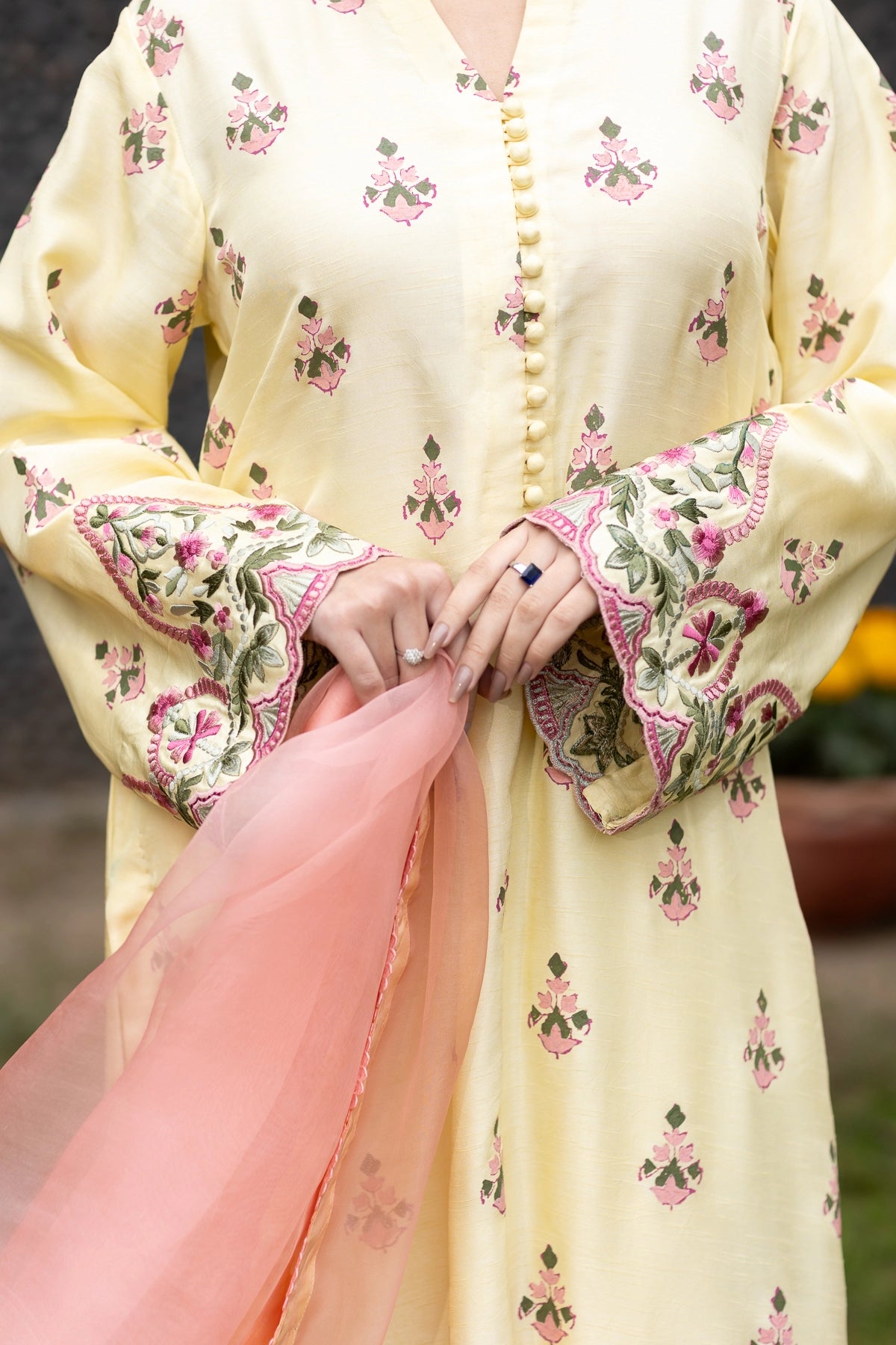 Sunehri lemon yellow raw silk 3PC Eid wear with block print by MariamRaj