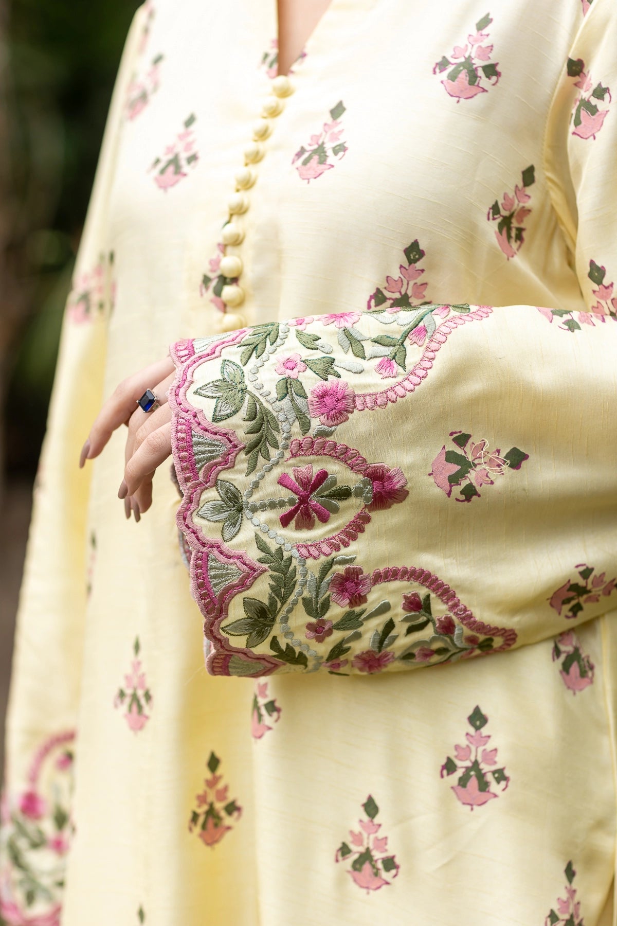 Sunehri lemon yellow raw silk 3PC Eid wear with block print by MariamRaj