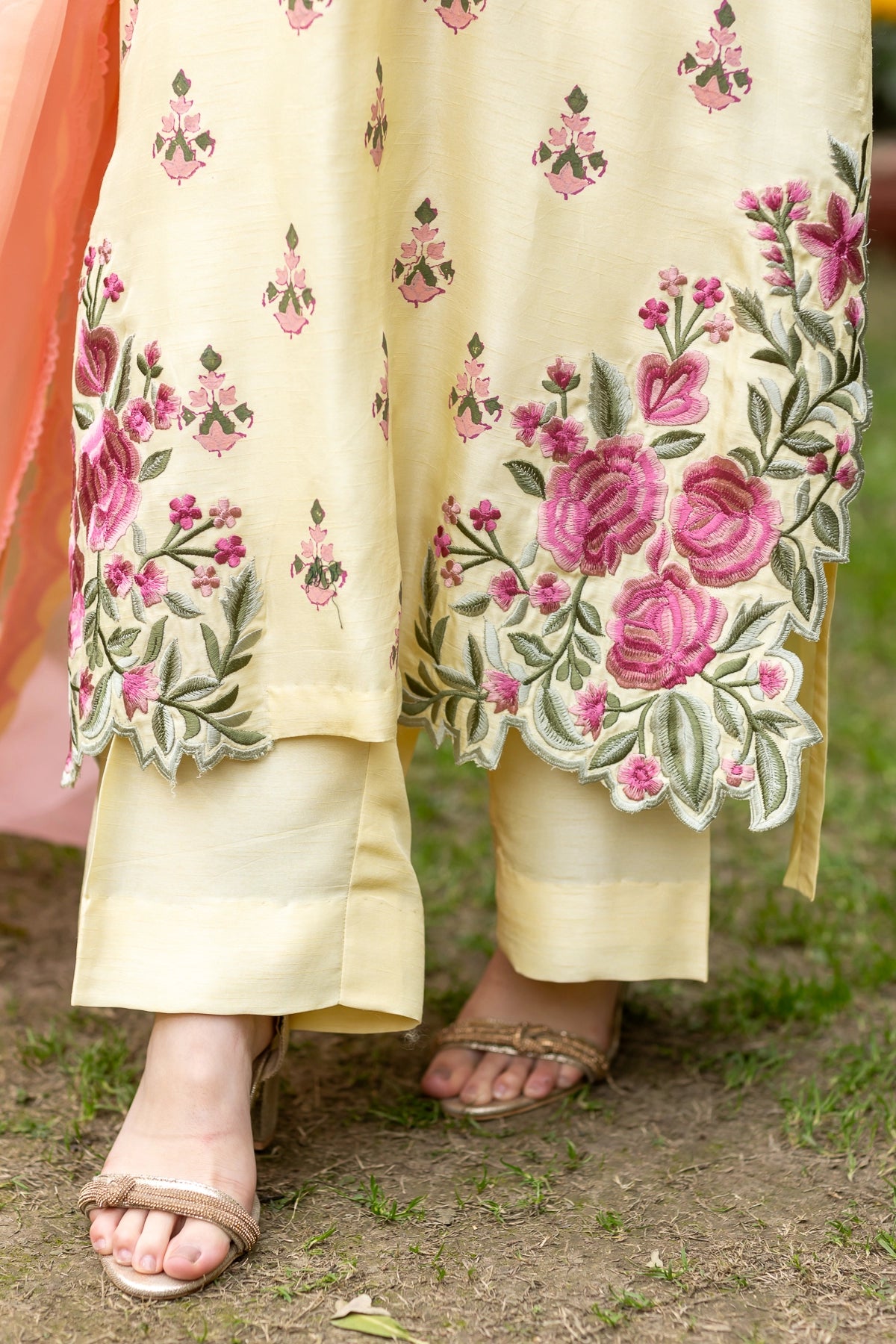 Sunehri lemon yellow raw silk 3PC Eid wear with block print by MariamRaj