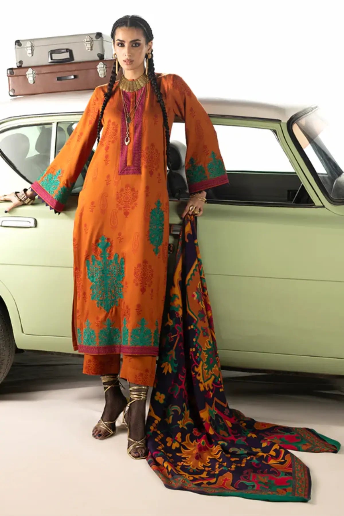 Zainab Chottani Suniva orange Marina twill winter shawl stitched suit from Winter Shawls 25, available at Pakistanimoda