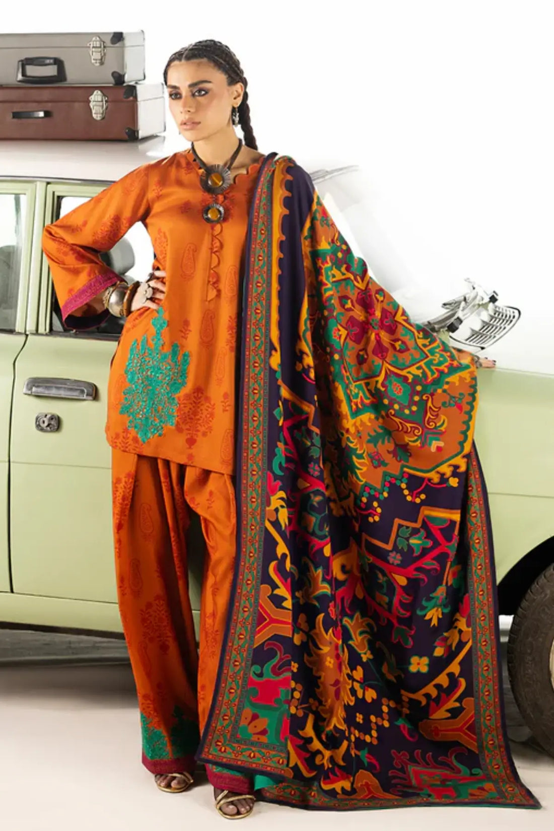 Zainab Chottani Suniva orange Marina twill winter shawl stitched suit from Winter Shawls 25, available at Pakistanimoda