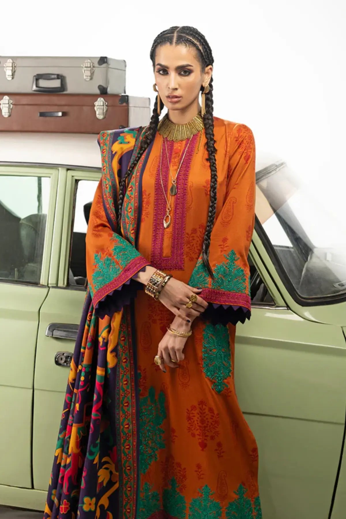 Zainab Chottani Suniva orange Marina twill winter shawl stitched suit from Winter Shawls 25, available at Pakistanimoda