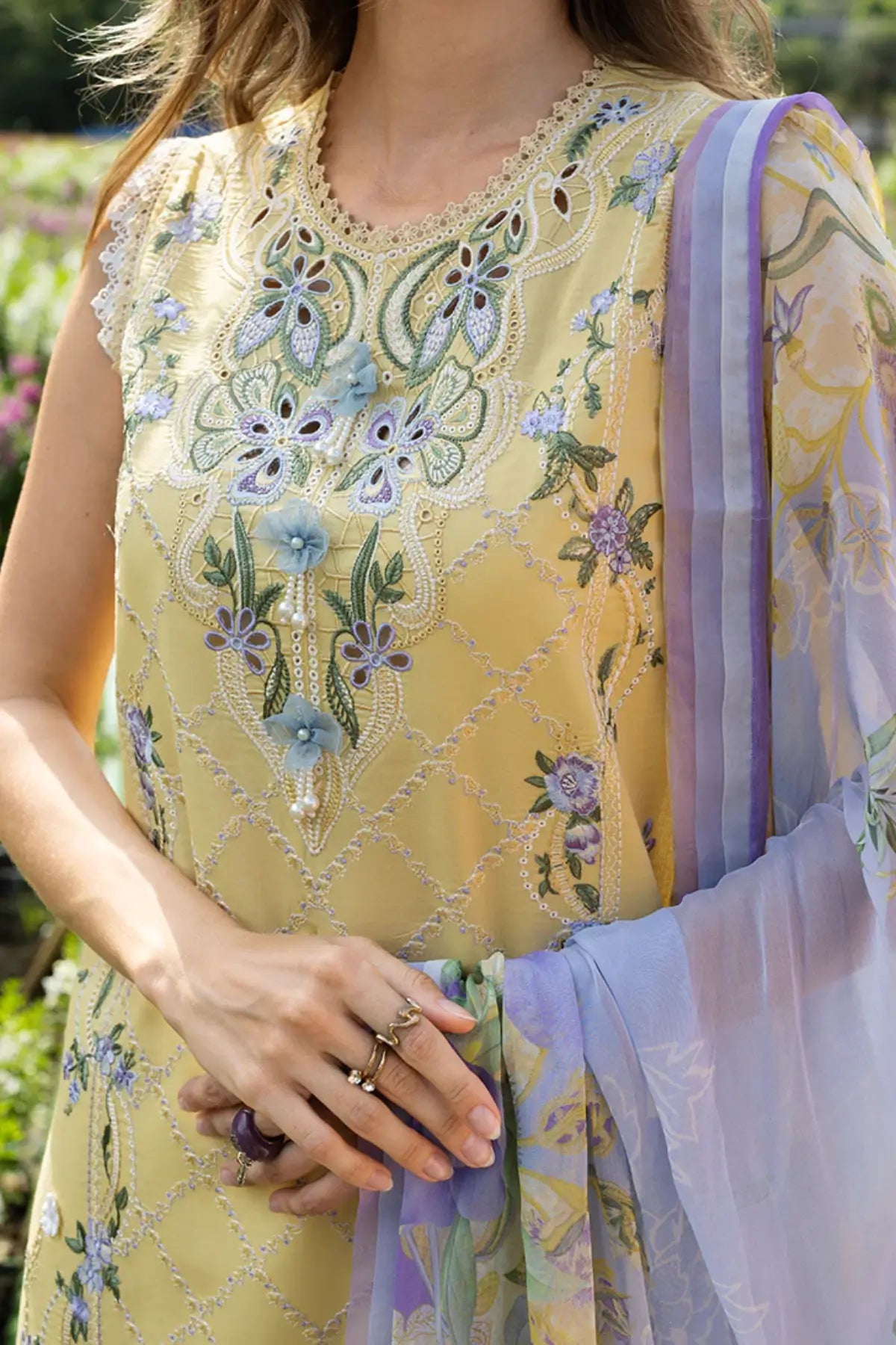 Sunlit Meadow yellow Mushq lawn suit with chiffon dupatta for festive occasions