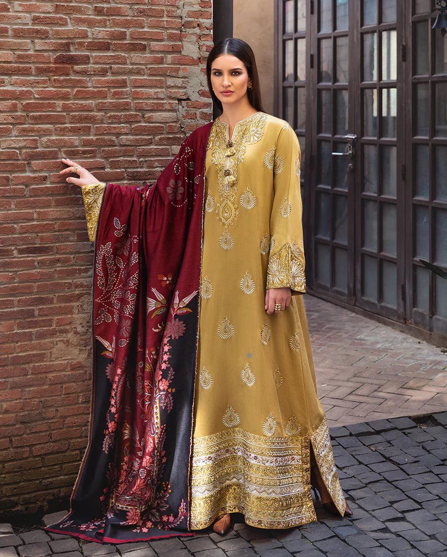 Model wearing Mushq Sunlit Siena gold yellow embroidered herringbone winter suit with matching shawl – Winter Broadway 2025