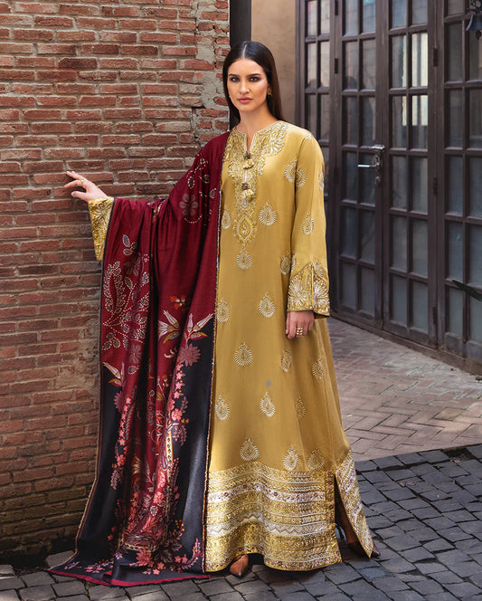 Model wearing Mushq Sunlit Siena gold yellow embroidered herringbone winter suit with matching shawl – Winter Broadway 2025