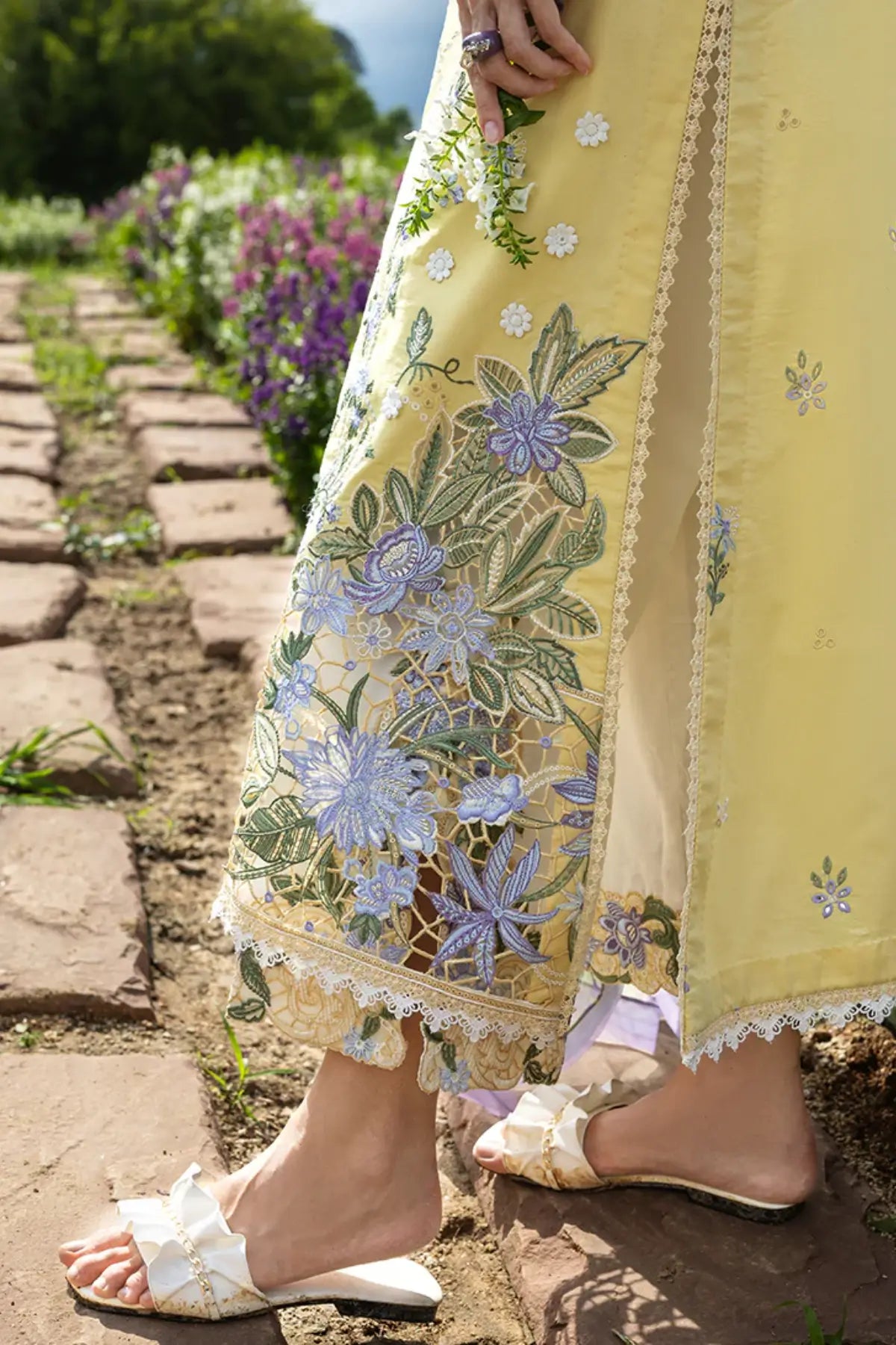 Sunlit Meadow yellow Mushq lawn suit with chiffon dupatta for festive occasions