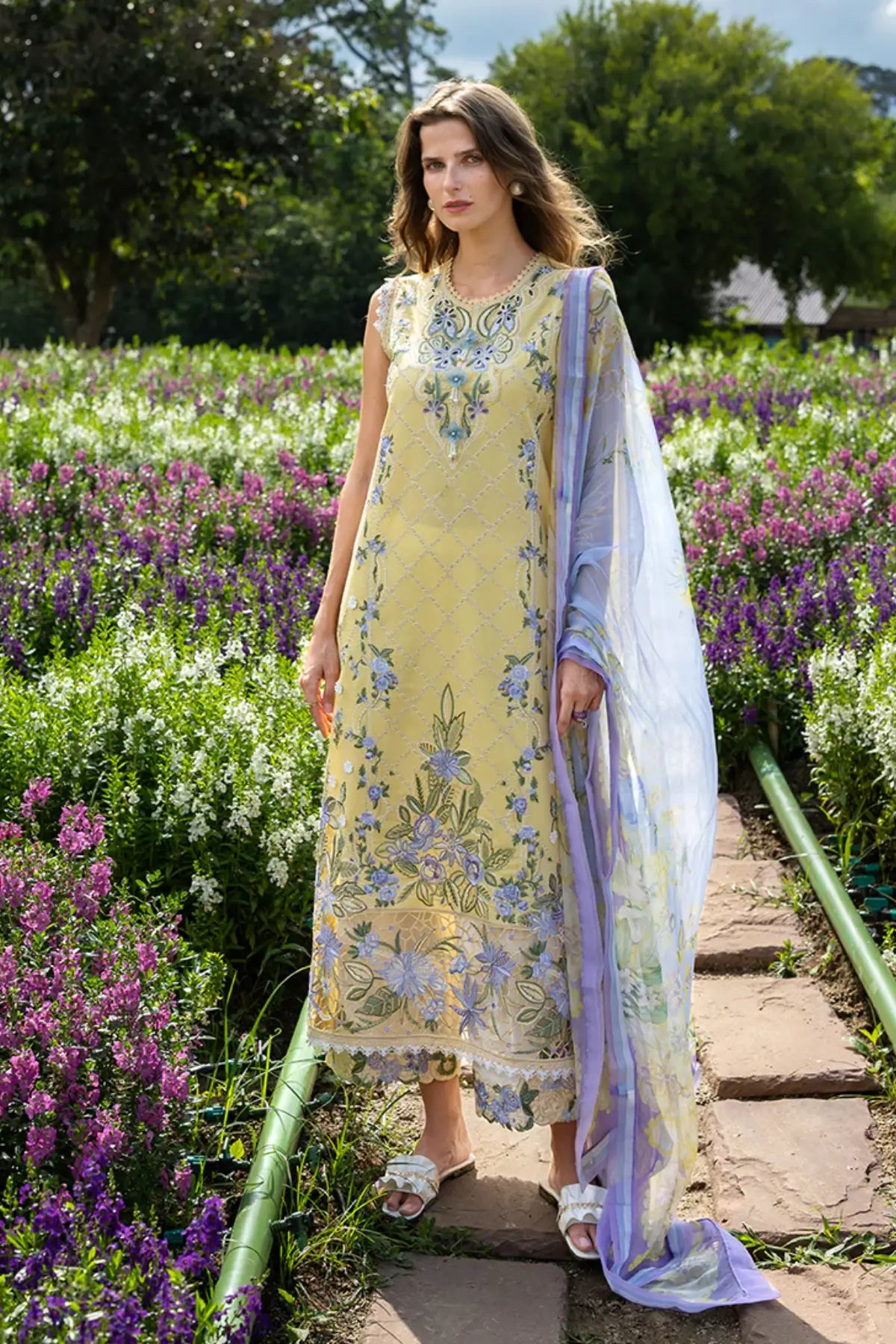 Sunlit Meadow yellow Mushq lawn suit with chiffon dupatta for festive occasions