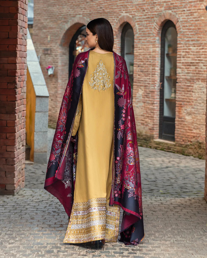 Model wearing Mushq Sunlit Siena gold yellow embroidered herringbone winter suit with matching shawl – Winter Broadway 2025