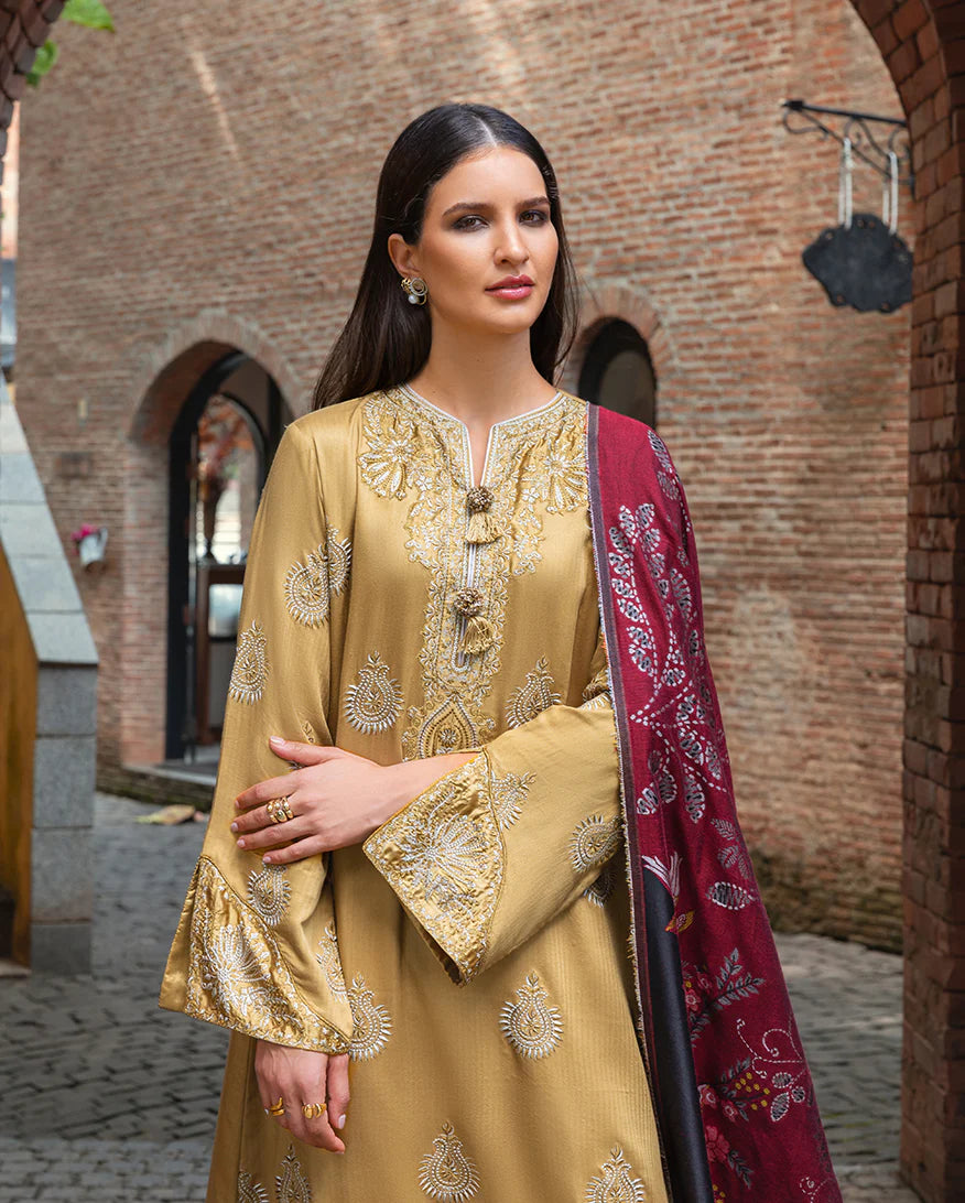 Model wearing Mushq Sunlit Siena gold yellow embroidered herringbone winter suit with matching shawl – Winter Broadway 2025