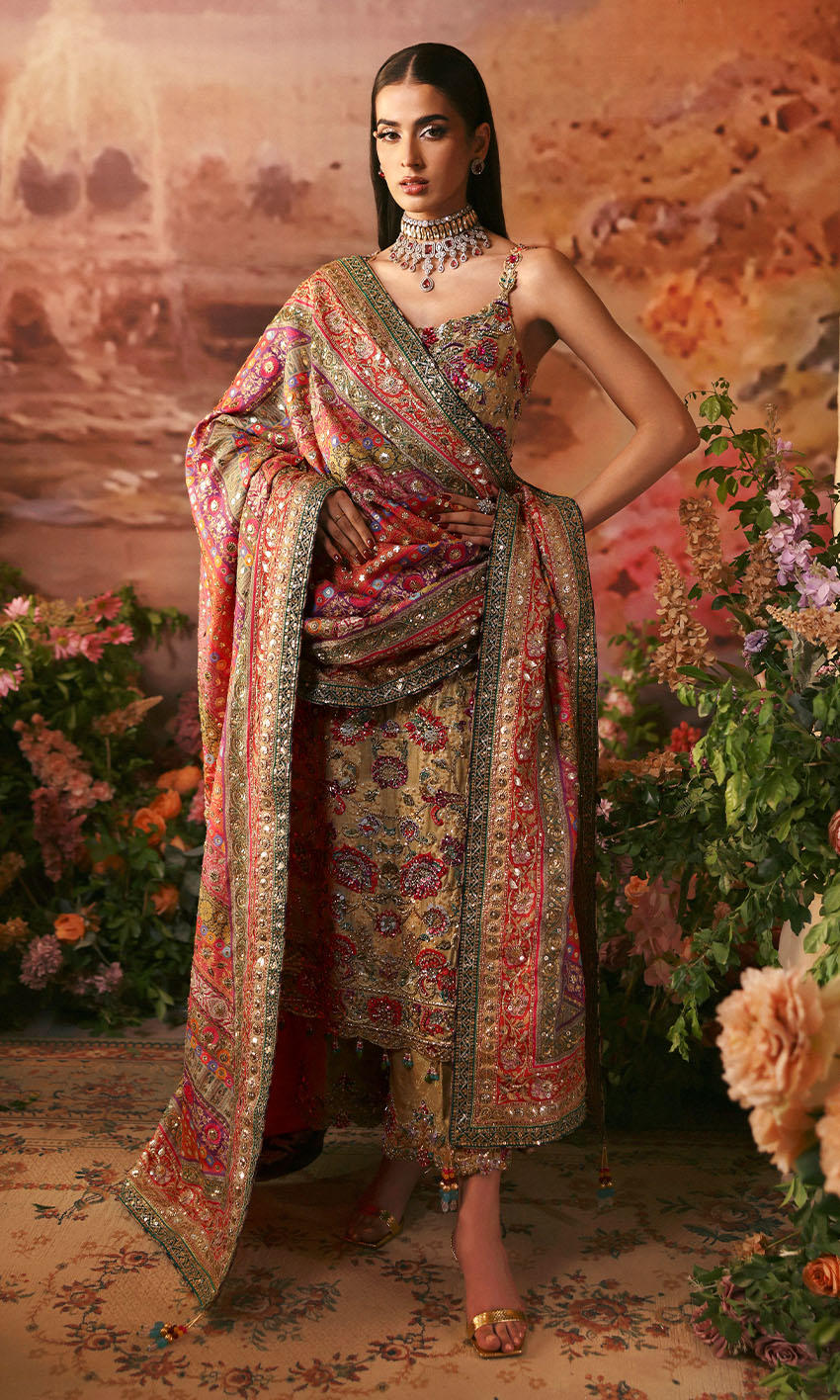 Sunset Dream gold Pakistani outfit by Pakistanimoda with cotton net shirt, silk shawl, and jamawar izaar – handcrafted and globally delivered.