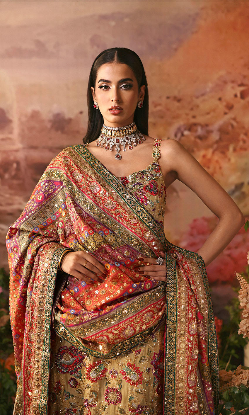 Sunset Dream gold Pakistani outfit by Pakistanimoda with cotton net shirt, silk shawl, and jamawar izaar – handcrafted and globally delivered.