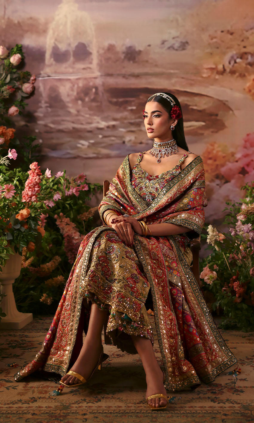 Sunset Dream gold Pakistani outfit by Pakistanimoda with cotton net shirt, silk shawl, and jamawar izaar – handcrafted and globally delivered.