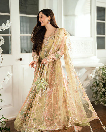 Sur Sunehri by Mushq Lemon Yellow Embroidered Chiffon Anarkali Dress – Shop Pakistanimoda.com