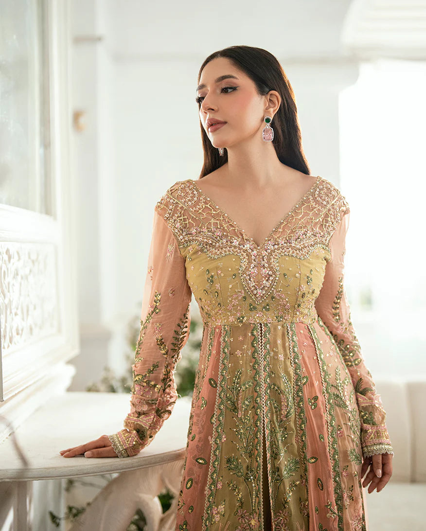 Sur Sunehri by Mushq Lemon Yellow Embroidered Chiffon Anarkali Dress – Shop Pakistanimoda.com