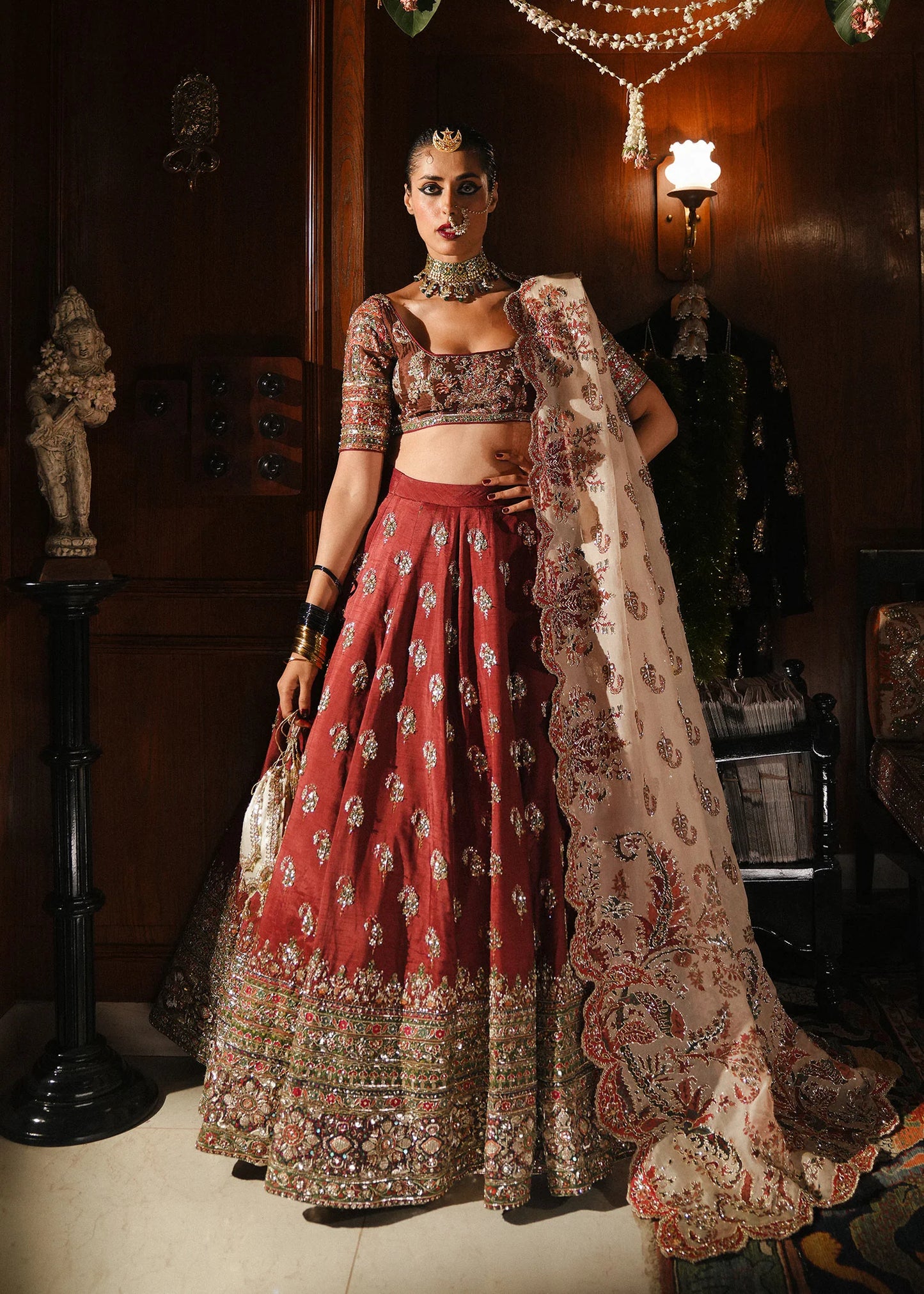 Surkh-Barn Red Raw Silk Lehenga with Deep Brown Choli