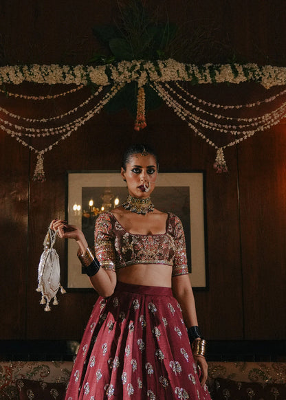 Surkh-Barn Red Raw Silk Lehenga with Deep Brown Choli