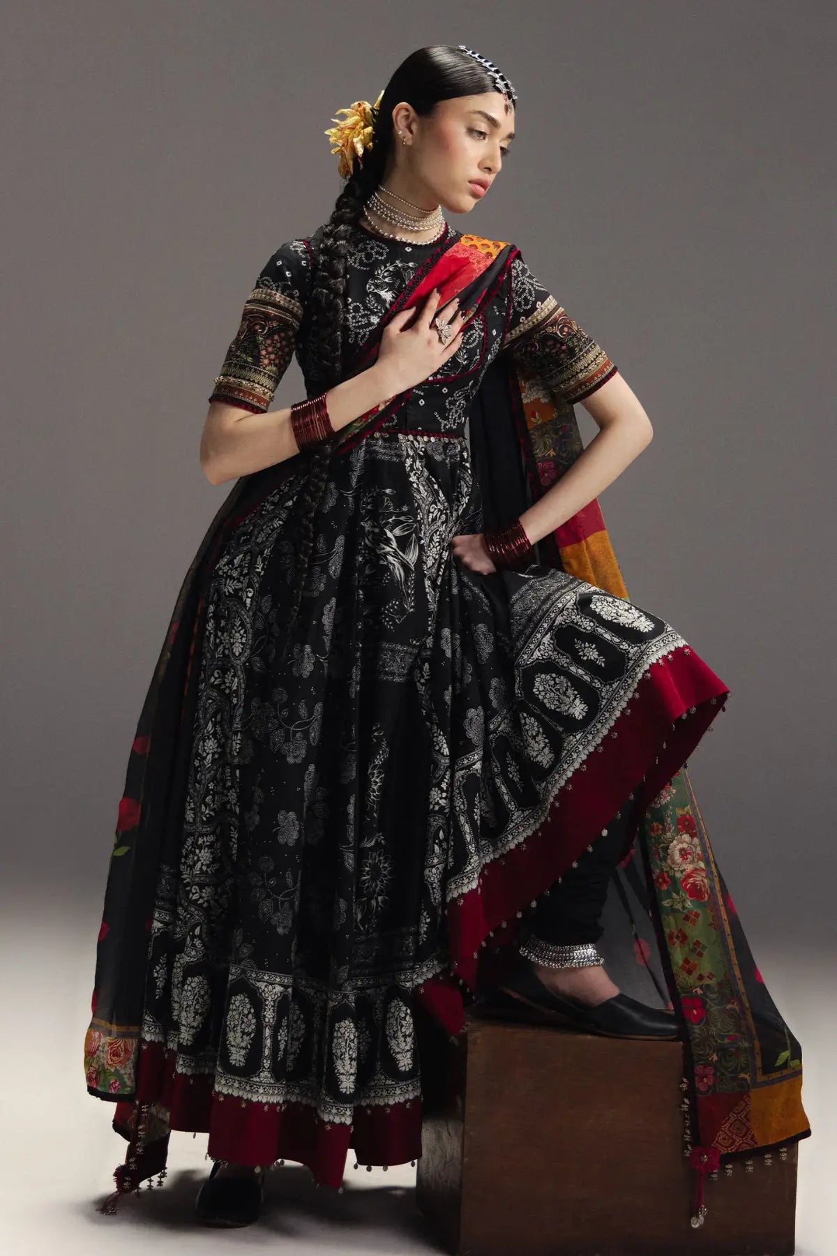 Surkh Bahar D1 black floral Anarkali Zara Shahjahan 2026 stitched