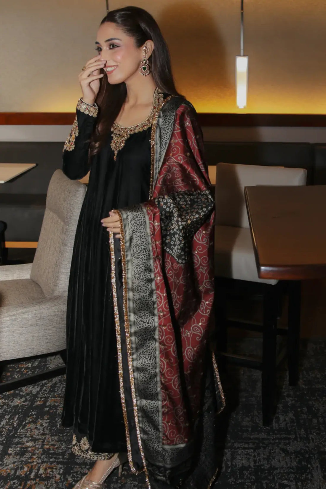 Surmai Maya Pret black velvet Eid kalidar hand embellished