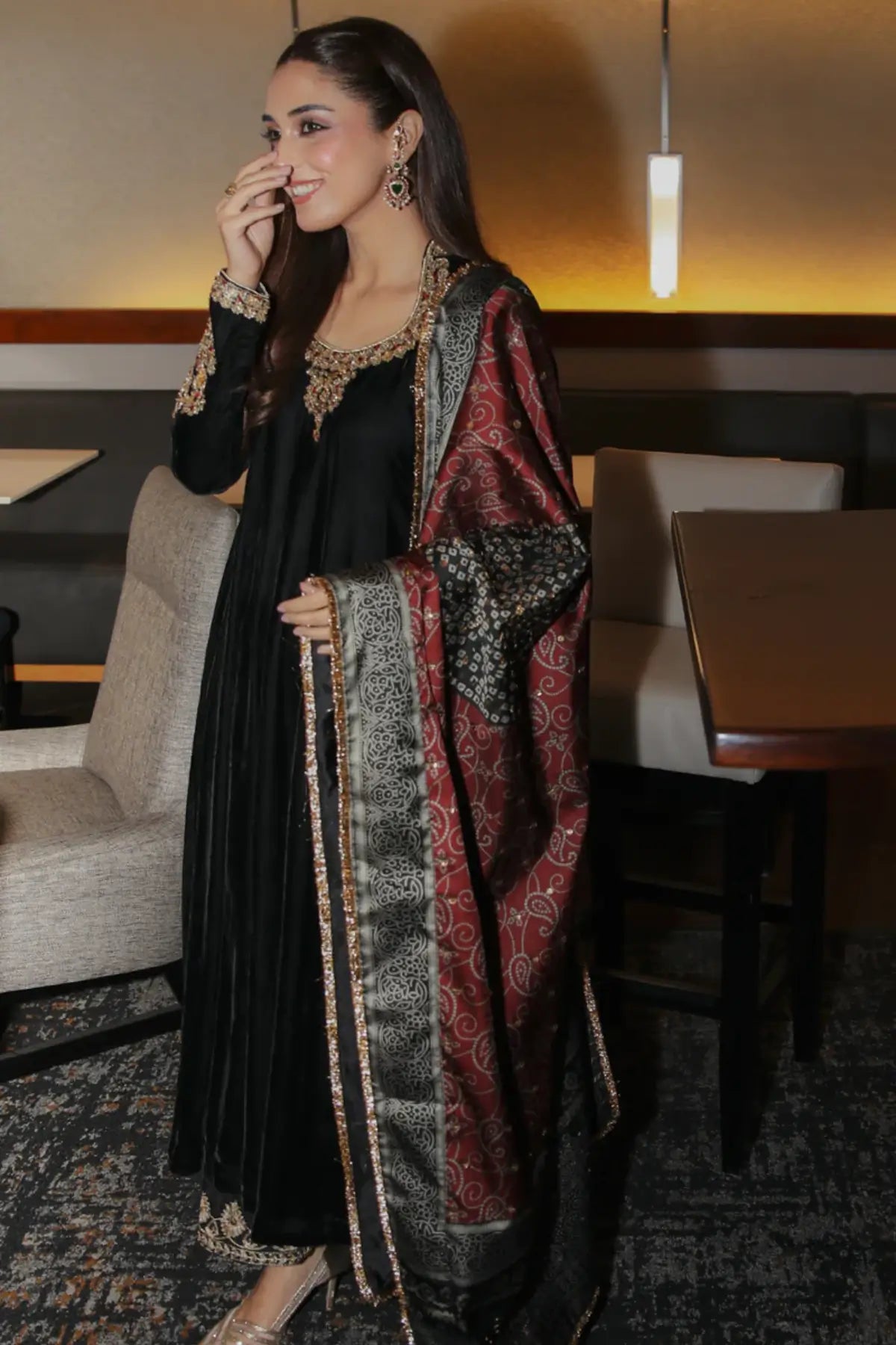 Surmai Maya Pret black velvet Eid kalidar hand embellished