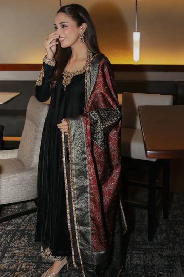 Surmai Maya Pret black velvet Eid kalidar hand embellished