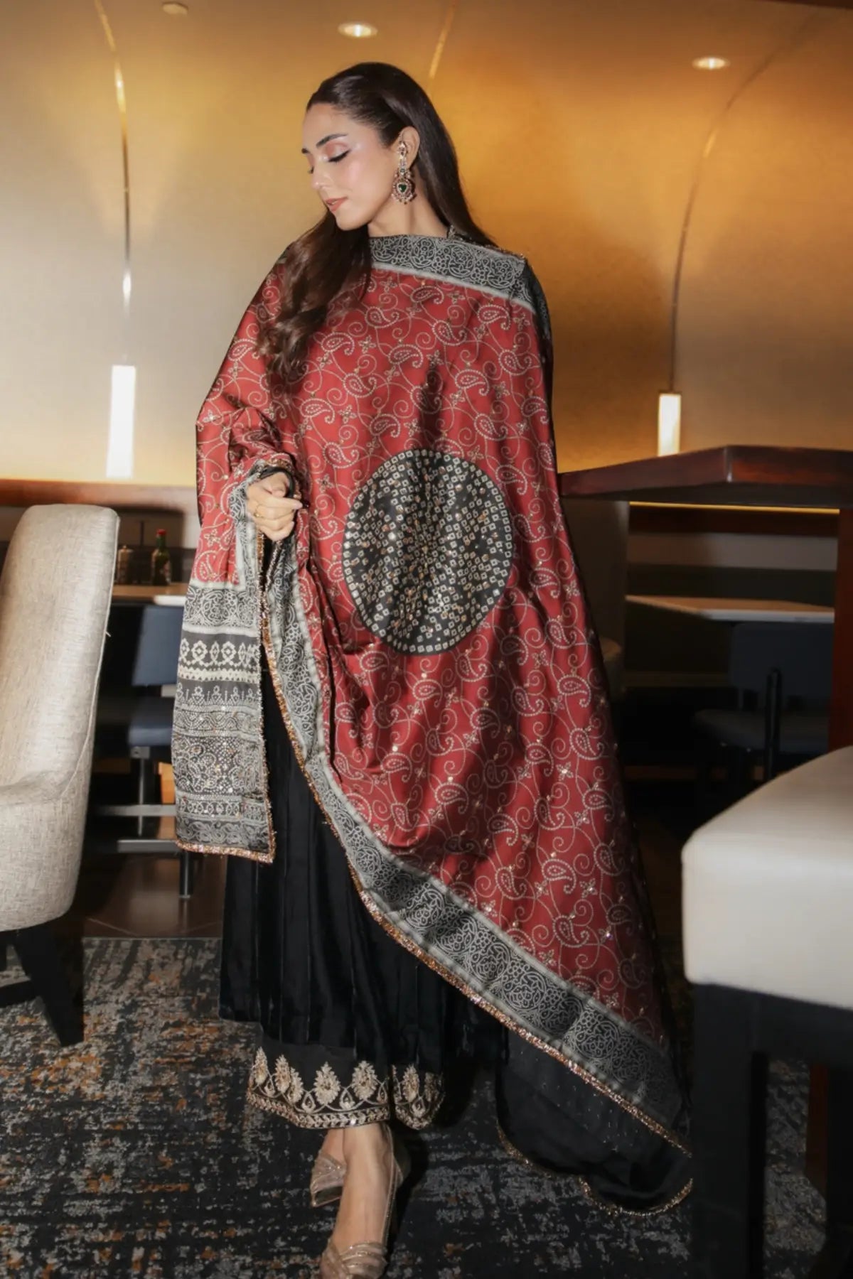 Surmai Maya Pret black velvet Eid kalidar hand embellished