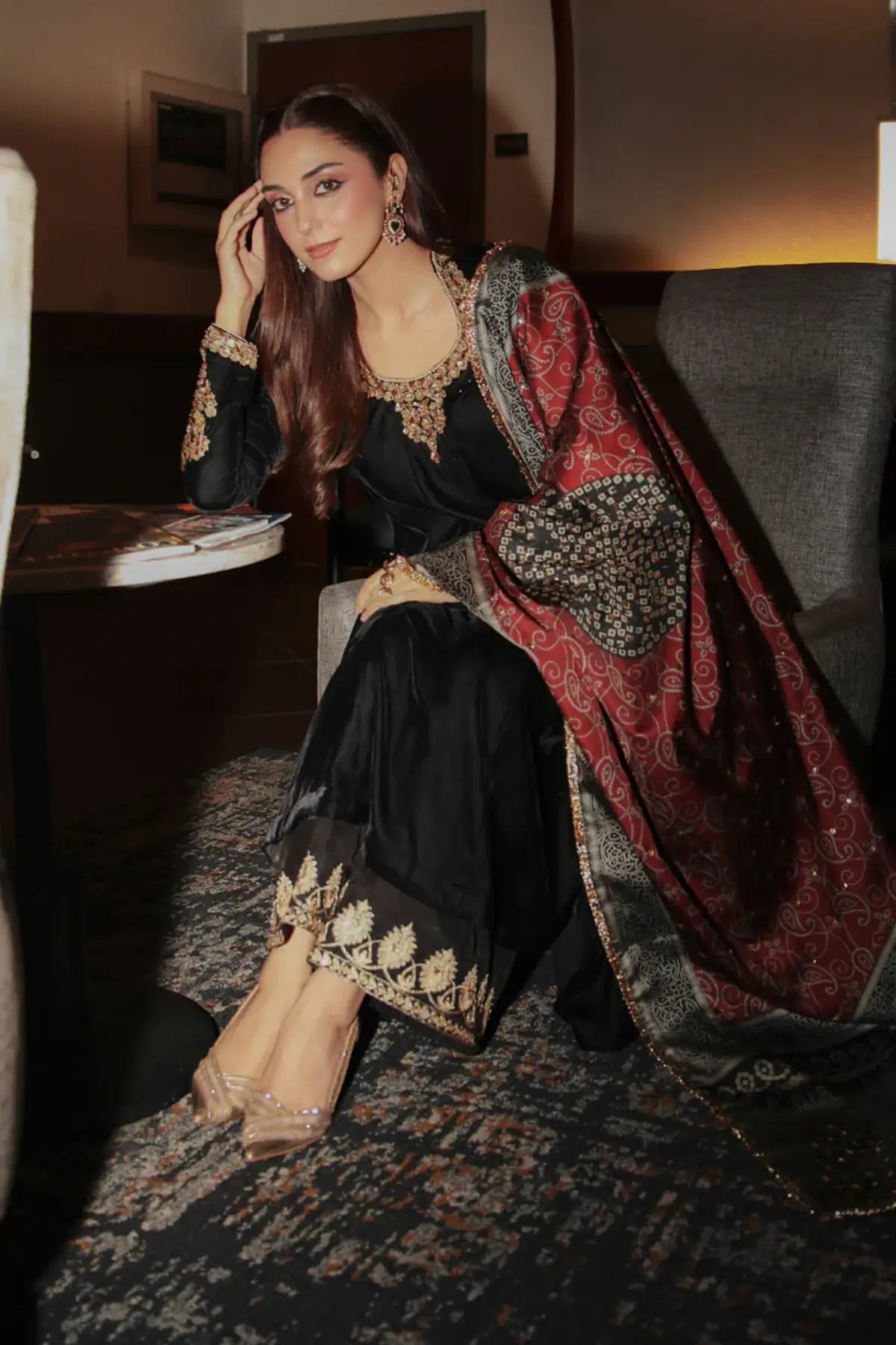 Surmai Maya Pret black velvet Eid kalidar hand embellished