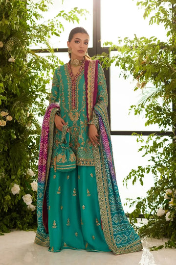 Surrina Teal Silk Net Shirt with Raw Silk Lehenga, Silk Net Dupatta and Teal & Magenta Chunri Dupatta