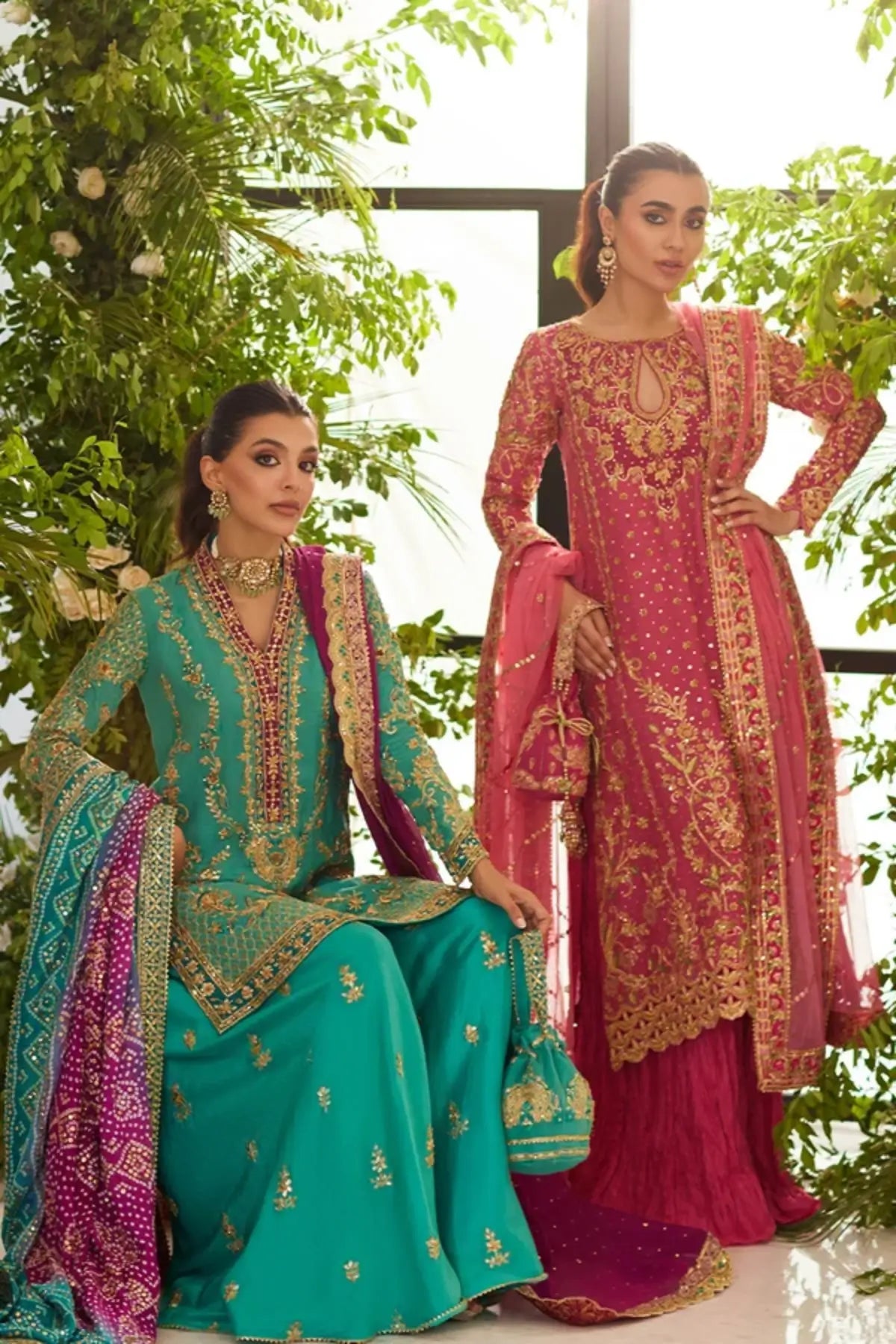 Surrina Teal Silk Net Shirt with Raw Silk Lehenga, Silk Net Dupatta and Teal & Magenta Chunri Dupatta