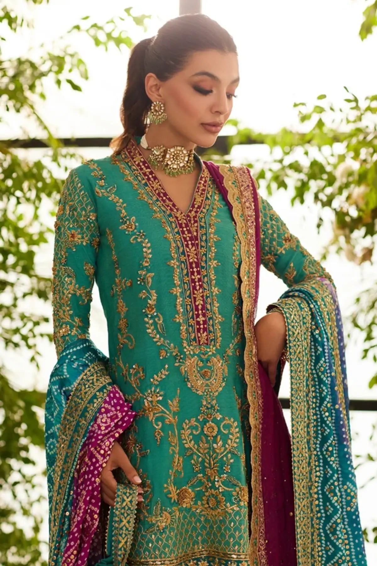 Surrina Teal Silk Net Shirt with Raw Silk Lehenga, Silk Net Dupatta and Teal & Magenta Chunri Dupatta