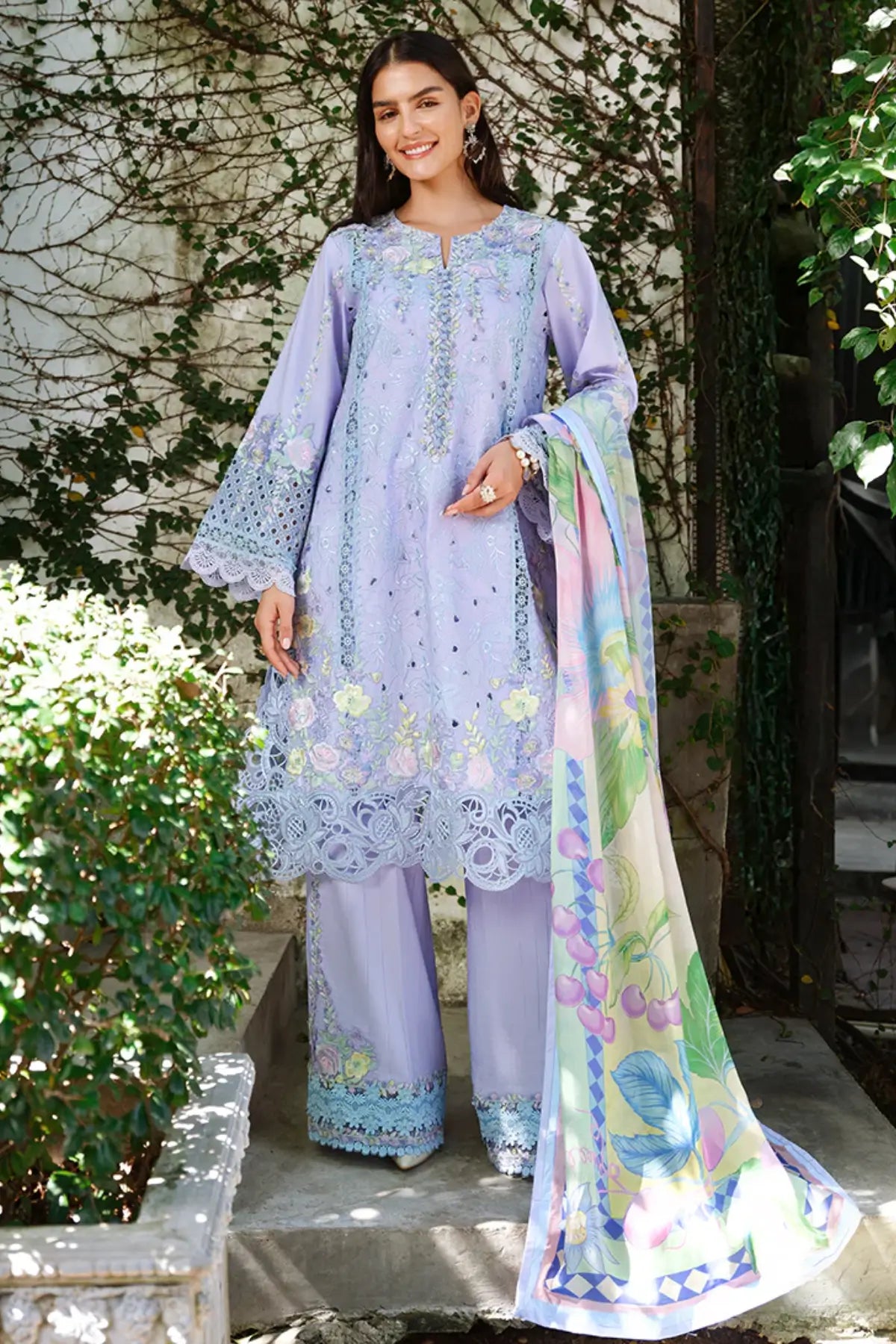 Lilac Sweet Confession by Mushq embroidered lawn 3PC suit with cotton trouser and silk dupatta